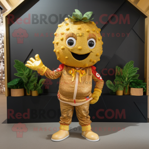 Gold Strawberry mascot costume character dressed with a Jacket and Bracelets