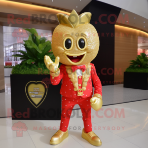 Gold Strawberry mascot costume character dressed with a Jacket and Bracelets