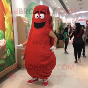Red Falafel mascot costume character dressed with a Pencil Skirt and Shoe laces