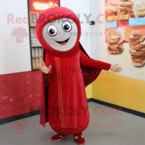 Red Falafel mascot costume character dressed with a Pencil Skirt and Shoe laces