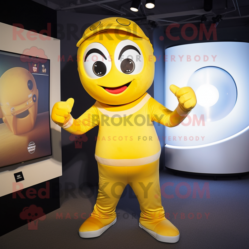 Yellow Momentum mascot costume character dressed with a Bodysuit and Caps