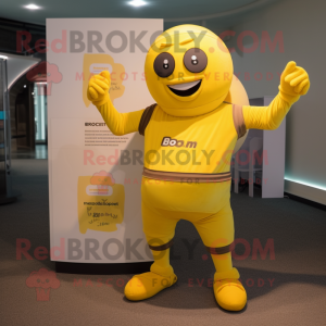 Yellow Momentum mascot costume character dressed with a Bodysuit and Caps