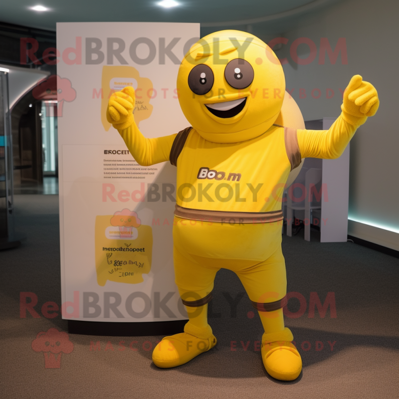 Yellow Momentum mascot costume character dressed with a Bodysuit and Caps Yellow Momentum mascot costume character dressed with a Bodysuit and Caps