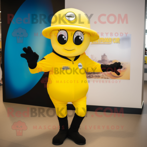 Yellow Momentum mascot costume character dressed with a Bodysuit and Caps