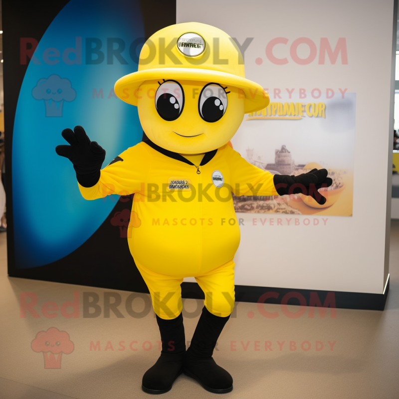 Yellow Momentum mascot costume character dressed with a Bodysuit and Caps Yellow Momentum mascot costume character dressed with a Bodysuit and Caps