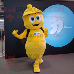 Yellow Momentum mascot costume character dressed with a Bodysuit and Caps