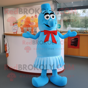 Sky Blue Currywurst mascot costume character dressed with a Cocktail Dress and Bow ties