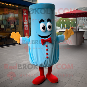 Sky Blue Currywurst mascot costume character dressed with a Cocktail Dress and Bow ties