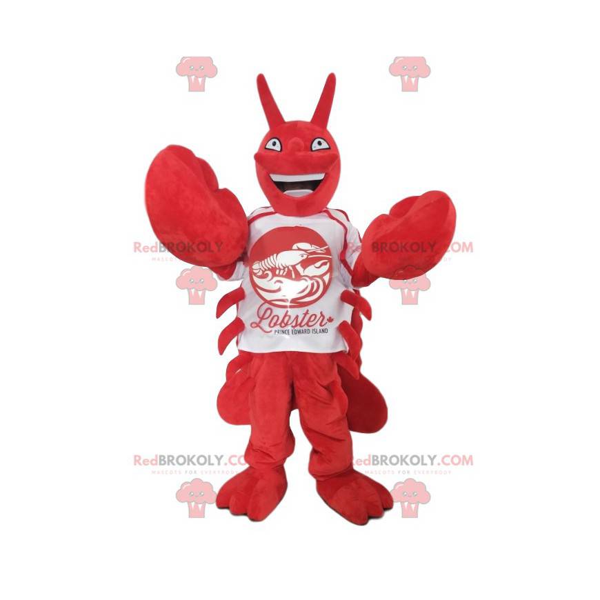 Engraçado mascote de lagosta com uma camisa branca -