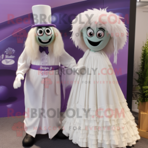 Lavender Guinness mascot costume character dressed with a Wedding Dress and Ties