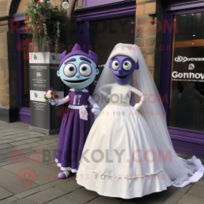 Lavender Guinness mascot costume character dressed with a Wedding Dress and Ties