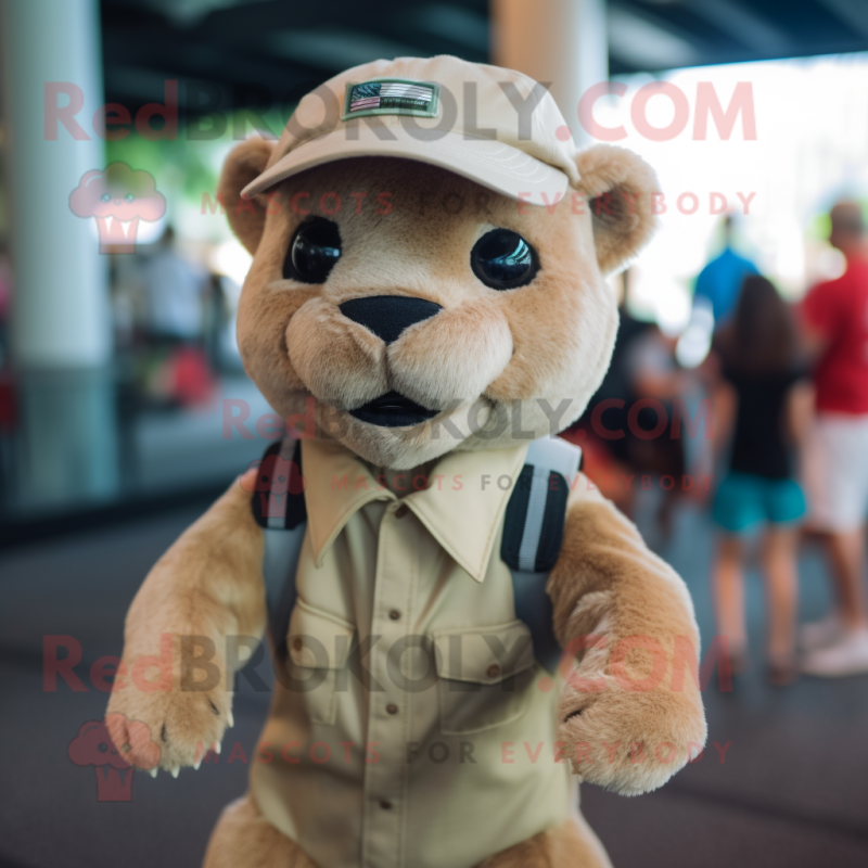 Cream Jaguarundi mascot costume character dressed with a Romper and Caps