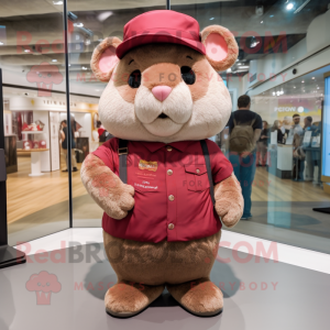 Maroon Hamster mascot costume character dressed with a Jeans and Berets