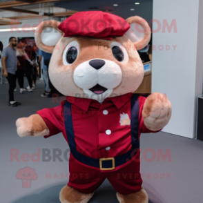 Maroon Hamster mascot costume character dressed with a Jeans and Berets