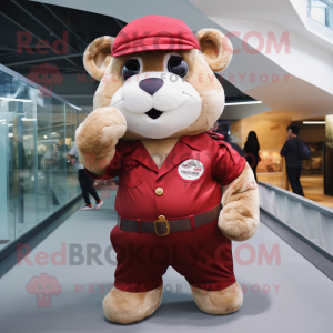 Maroon Hamster mascot costume character dressed with a Jeans and Berets