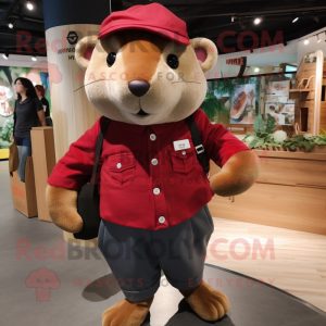 Maroon Hamster mascot costume character dressed with a Jeans and Berets