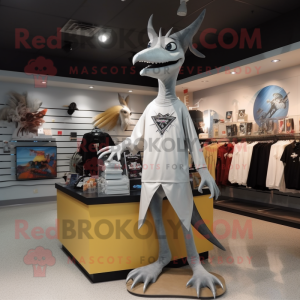 Silver Pterodactyl mascot costume character dressed with a Graphic Tee and Shoe clips