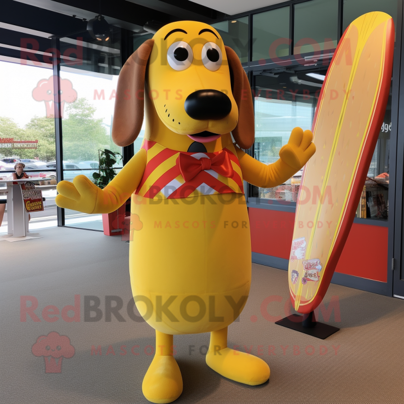 Yellow Hot Dogs mascot costume character dressed with a Board Shorts and Bow ties Yellow Hot Dogs mascot costume character dressed with a Board Shorts and Bow ties