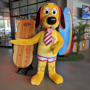 Yellow Hot Dogs mascot costume character dressed with a Board Shorts and Bow ties