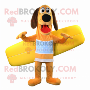 Yellow Hot Dogs mascot costume character dressed with a Board Shorts and Bow ties