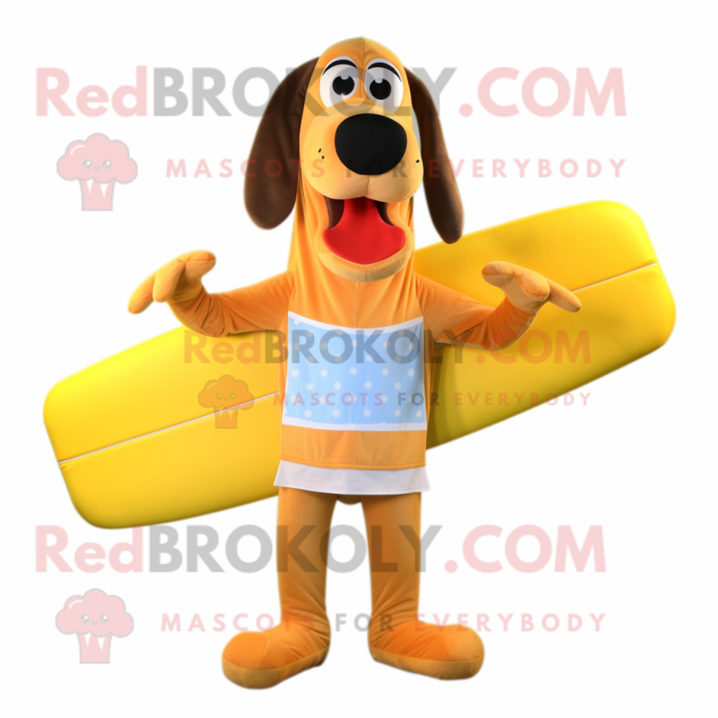 Yellow Hot Dogs mascot costume character dressed with a Board Shorts and Bow ties Yellow Hot Dogs mascot costume character dressed with a Board Shorts and Bow ties