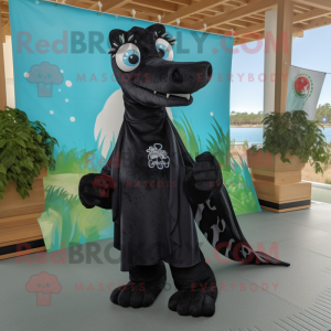 Black Sea Horse mascot costume character dressed with a T-Shirt and Shawls