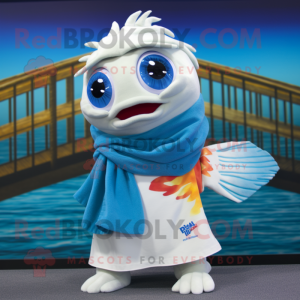 Cream Betta Fish mascot costume character dressed with a Graphic Tee and Scarves