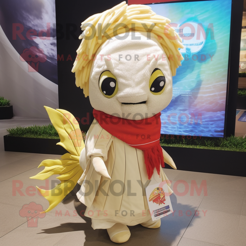 Cream Betta Fish mascot costume character dressed with a Graphic Tee and Scarves Cream Betta Fish mascot costume character dressed with a Graphic Tee and Scarves