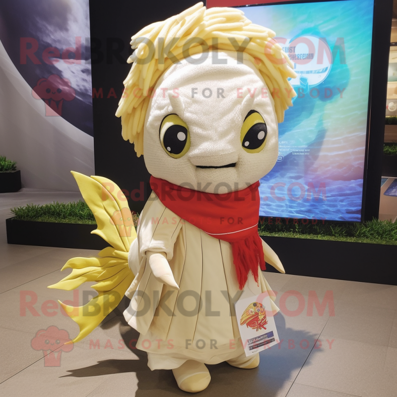 Cream Betta Fish mascot costume character dressed with a Graphic Tee and Scarves