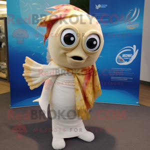 Cream Betta Fish mascot costume character dressed with a Graphic Tee and Scarves