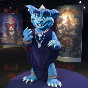 Blue Gargoyle mascot costume character dressed with a Evening Gown and Bracelets