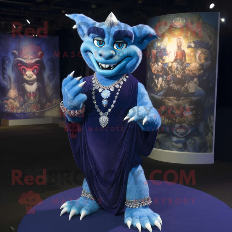 Blue Gargoyle mascot costume character dressed with a Evening Gown and Bracelets Blue Gargoyle mascot costume character dressed with a Evening Gown and Bracelets