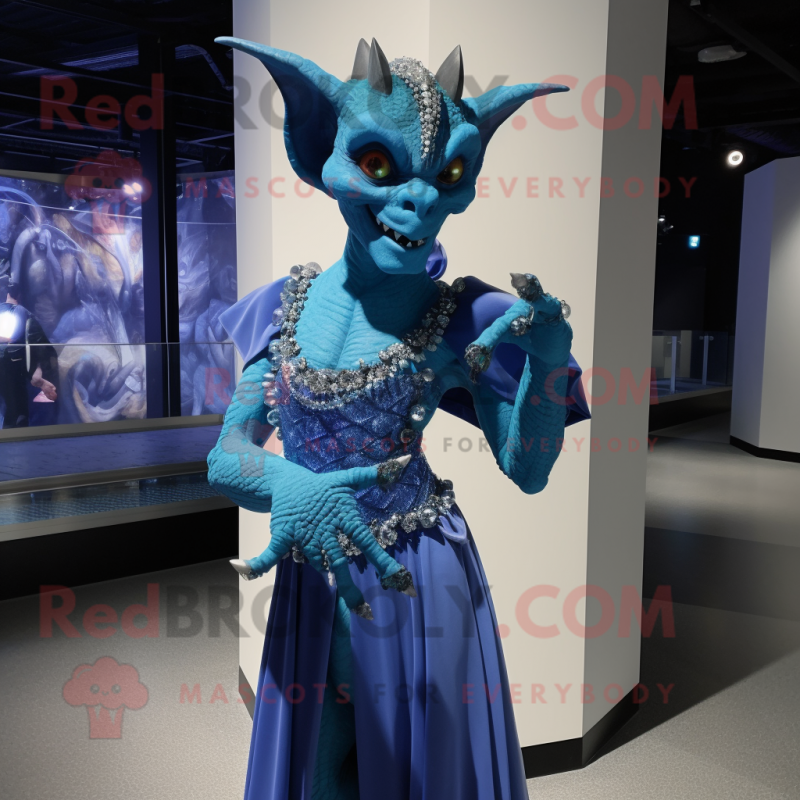 Blue Gargoyle mascot costume character dressed with a Evening Gown and Bracelets