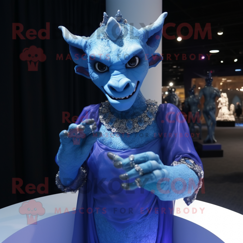 Blue Gargoyle mascot costume character dressed with a Evening Gown and Bracelets Blue Gargoyle mascot costume character dressed with a Evening Gown and Bracelets