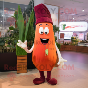 Maroon Carrot mascot costume character dressed with a Chinos and Hairpins