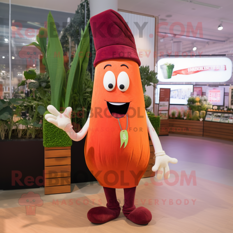 Maroon Carrot mascot costume character dressed with a Chinos and Hairpins Maroon Carrot mascot costume character dressed with a Chinos and Hairpins