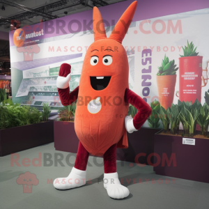 Maroon Carrot mascot costume character dressed with a Chinos and Hairpins