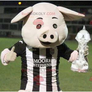 Mascotte de cochon blanc avec un maillot blanc et noir -