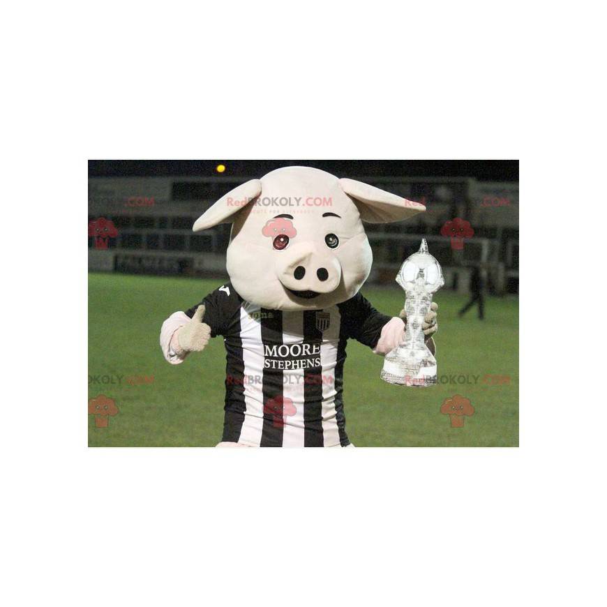 Mascotte de cochon blanc avec un maillot blanc et noir -