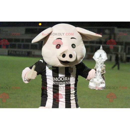 Mascotte de cochon blanc avec un maillot blanc et noir -