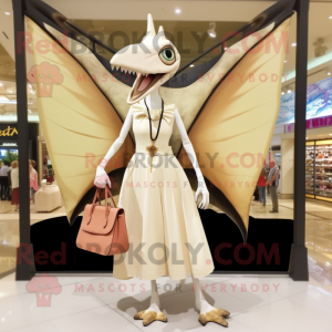 Cream Pterodactyl mascot costume character dressed with a Empire Waist Dress and Handbags
