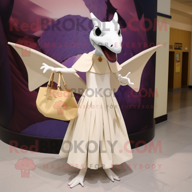 Cream Pterodactyl mascot costume character dressed with a Empire Waist Dress and Handbags