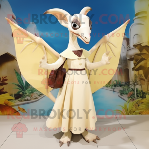Cream Pterodactyl mascot costume character dressed with a Empire Waist Dress and Handbags