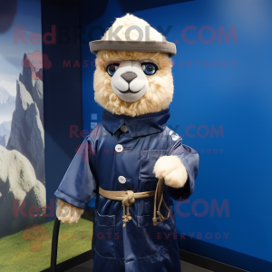 Navy Alpaca mascot costume character dressed with a Raincoat and Wraps