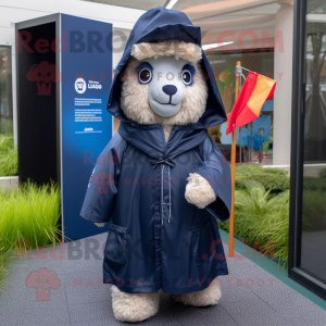 Navy Alpaca mascot costume character dressed with a Raincoat and Wraps
