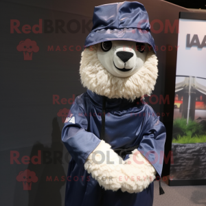 Navy Alpaca mascot costume character dressed with a Raincoat and Wraps