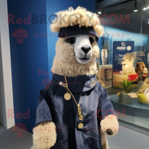 Navy Alpaca mascot costume character dressed with a Raincoat and Wraps