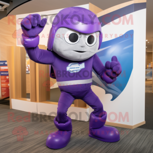 Purple Superhero mascot costume character dressed with a Romper and Beanies