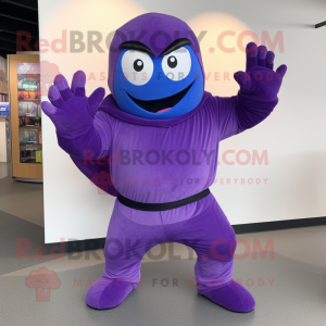 Purple Superhero mascot costume character dressed with a Romper and Beanies