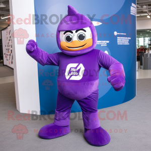 Purple Superhero mascot costume character dressed with a Romper and Beanies